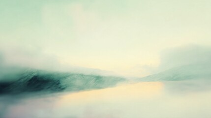 Fototapeta premium A serene landscape featuring soft colors and mist, creating a tranquil and dreamlike atmosphere over water and distant hills.
