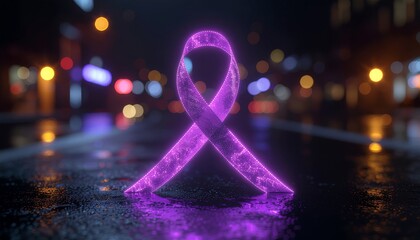 Glowing Purple Ribbon Symbolizing Awareness and Support in a Cityscape.