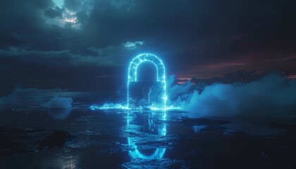 Glowing Neon Archway Reflected in Water Under a Dark, Cloudy Sky.