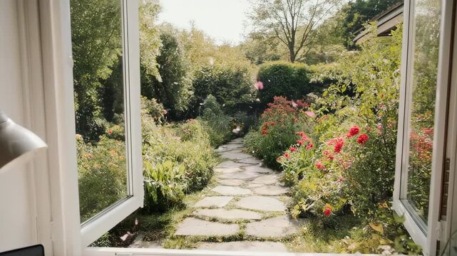 View Of A Lush Summer Garden Through An Open Window With A Desk Lamp And Computer On A Sunny Day