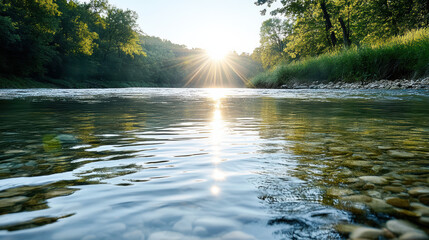 Sunlight river pebble shore forest reflection calm morning glow
