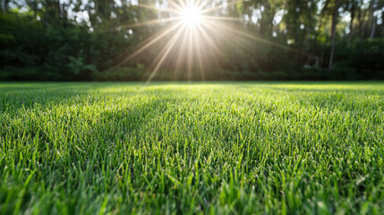 Lush green grass with sunbeam glow across open field