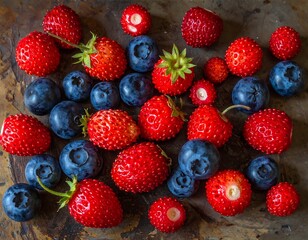 Obraz premium A close-up, top-down view of scattered red strawberries and blueberries