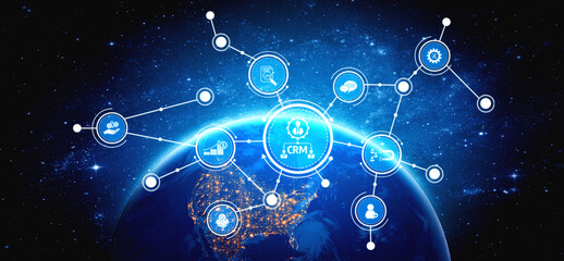 This digital artwork showcases a futuristic network connecting CRM systems to users worldwide, illustrating data visualization and innovative technology concepts on a global scale. Tessel