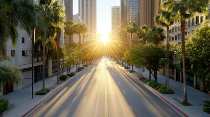 Sunlit empty city street lined with palm tree and modern skyscraper at sunrise