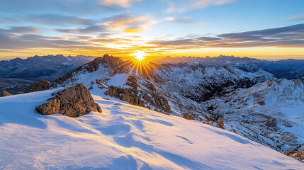 Sunrise mountain snow peak rock alpine ridge golden light