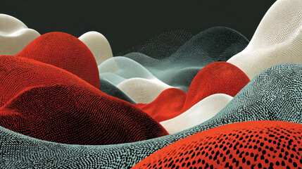 An abstract landscape composed of soft waves and hills covered with fine dots and patterns 
