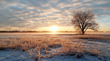 Frosty field sunrise misty lone tree warm light