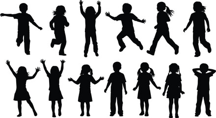 Black silhouette set of diverse, active children jumping, running, and playing, symbolizing childhood fun, energy, movement, and happy development.