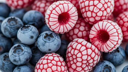 A vibrant mix of frosted raspberries and blueberries, each one coated in a thin layer of icy crystals. The colors stay bold, the texture stays fresh, and the chill gives every berry a crisp, clean loo