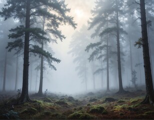 Obraz premium Atmospheric view of a misty forest with tall, slender evergreen trees