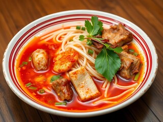 Plate of Northern Thai noodles with spicy broth, herbs, and pork,  sesame,  thai food