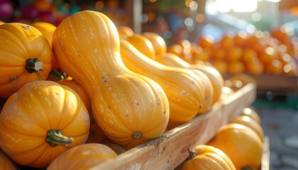 Close-up of yellow and orange pumpkins in a wooden crate