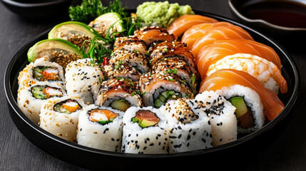 Fresh sushi platter with variety of rolls, nigiri and wasabi, appetizing presentation