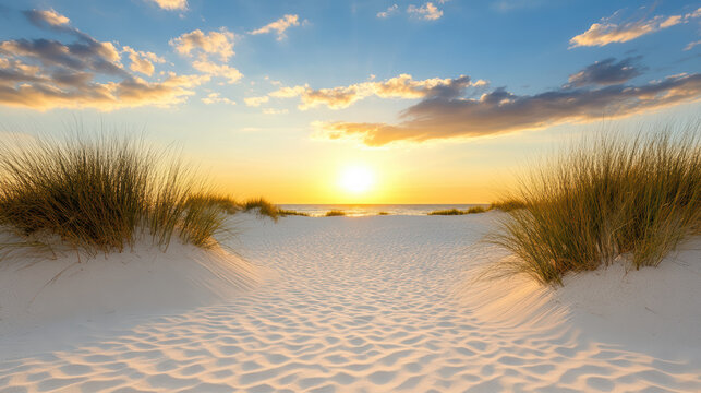 Sunset beach dune grass sunrise golden sky calm sea warm light