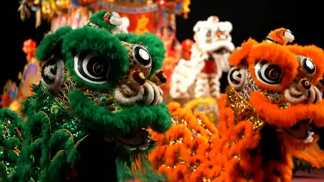 Vibrant Green and Orange Lion Dance Costumes on Stage, Bringing Joy and Tradition to Chinese New Year Celebrations