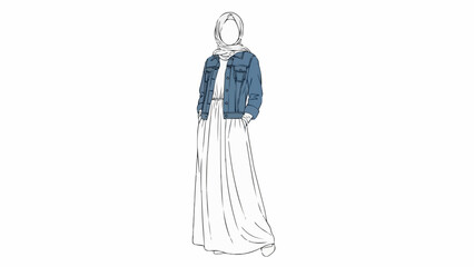 Fashion illustration of a woman in a long dress and denim jacket.