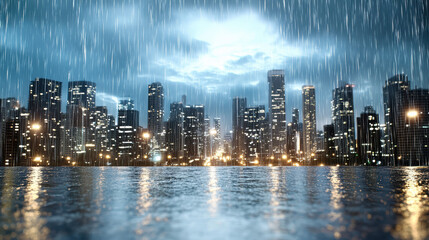 Fototapeta premium Rainy city skyline night reflection dramatic lighting