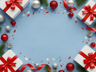 Festive Christmas holiday flat lay composition with gift boxes, red baubles, and fir branches framing a light blue background, ideal for seasonal greetings and winter celebrations