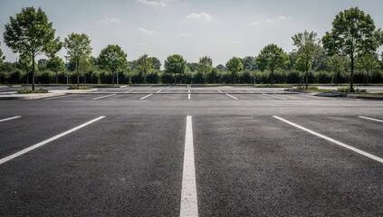 Empty asphalt parking lot with white lines and green trees