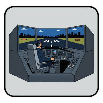 &ldquo;Pilot Training with Simulator&rdquo;
Flat vector pilot in a flight simulator seat, simple screens and controls, bold solid shapes, minimalistic environment.