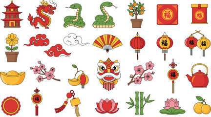Chinese New Year clipart bundle with lanterns, dragons, flowers, lucky symbols, and traditional decorations for crafts, invitations, and digital design projects