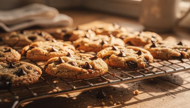 Freshly baked chocolate chip cookies on a rack with warm light - Powered by Adobe