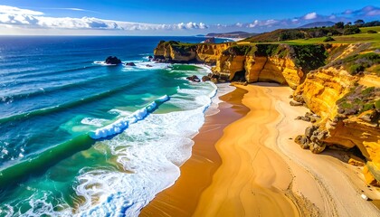 Aerial view captures ocean waves crashing onto sandy beach and cliffs