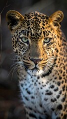 Obraz premium Focused leopard portrait with golden light casting shadows across spotted fur coat