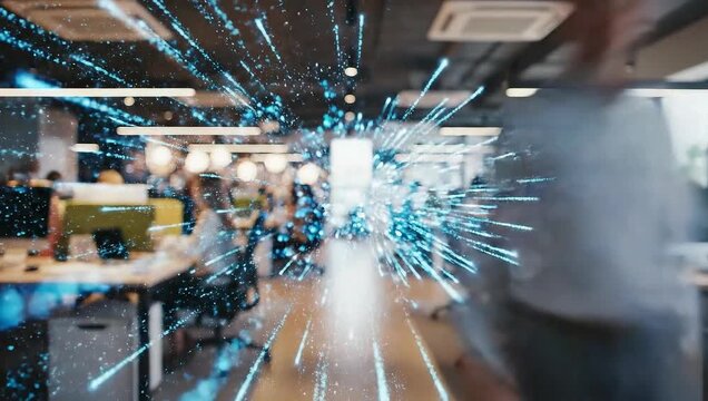 Abstract visualization of digital data streams flowing through a modern office environment, symbolizing connectivity and information transfer in a futuristic workplace