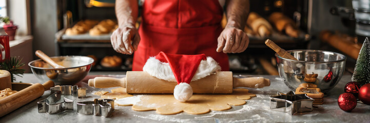 Male baker preparing Christmas cookies with festive decorations in kitchen