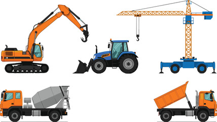 Construction vehicles vector set featuring excavator, tractor, tower crane, cement mixer truck, and dump truck for industrial designs, engineering graphics, and kids’ projects © MdRazaul