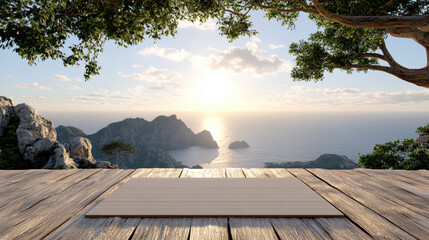Sunset ocean view with wooden deck and mountain island silhouette