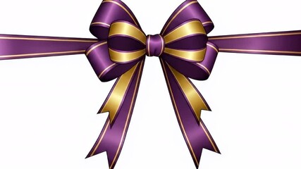 This exquisite decorative bow, crafted from luxurious purple and shimmering gold ribbon, features elegant loops and flowing tails. Isolated against a clean white background, it exudes sophistication a