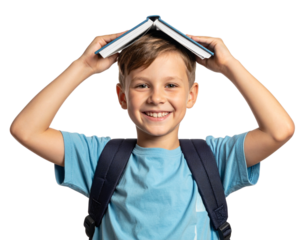 Cheerful Caucasian Boy Balancing Notebook on Head, Isolated on Transparent Background”
