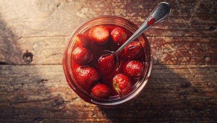 Rustic jar of sweet strawberries with a spoon on a wooden table
