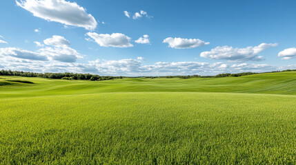 Obraz premium Green field rolling hills blue sky with fluffy clouds creating calm serene landscape