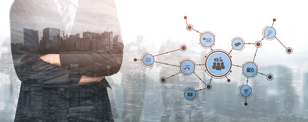 A professional businessman stands against a city skyline, with digital icons illustrating communication and collaboration in a modern networking environment. Tessel