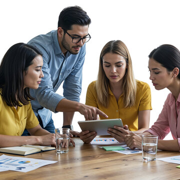 Diverse group of four professionals collaborating around a table using a tablet computer isolated on transparent background