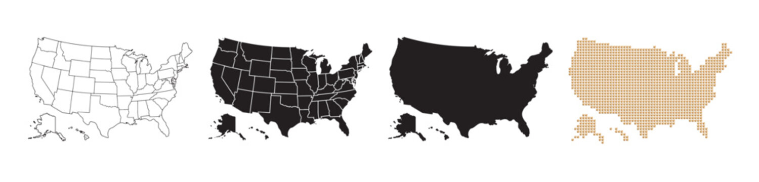 Maps of the United States in various styles, with black and gold lines on a white background.
