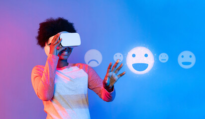 A young individual enjoys a virtual reality experience, surrounded by expressions representing...