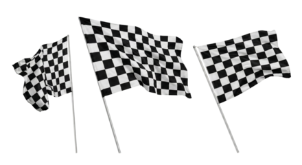 three checkered flags waving on poles isolated with transparent background