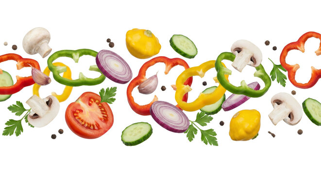 Vibrant assortment of fresh sliced vegetables and mushrooms elegantly suspended in mid-air - Powered by Adobe