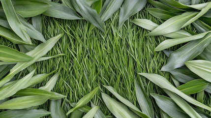Obraz premium Fresh green leaf border framing lush grass field, natural tranquil scene