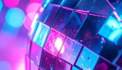 Mesmerizing close-up of a shimmering disco ball reflecting an electrifying spectrum of vibrant pink, purple, and blue lights, setting an energetic and festive mood for any celebration