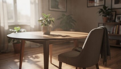 Fototapeta premium Warm, sunlit room with wooden table, plant, chair, and cozy blanket