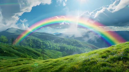 Vibrant Rainbow Arching Over Lush Green Rolling Hills and Mountains clouds isolated on a transparent background