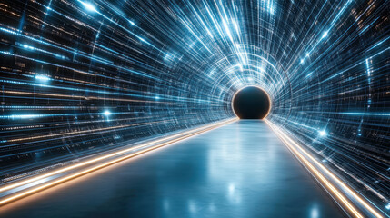 Futuristic light tunnel neon corridor digital vortex glowing pathway motion blur vanishing point