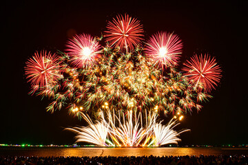 Colorful fireworks celebration and the night sky background with crowded people on the beach.