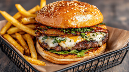 Juicy cheeseburger with bacon, lettuce, melted cheese and fries, savory comfort meal